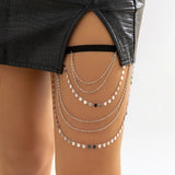 IngeSight.Z Sexy Full Rhinestones Imitation Pearl Tassel Leg Thigh Chain for Women Simple Adjustable Elastic Band Body Chain