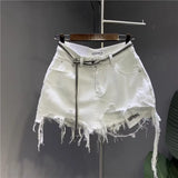 2024 New Korean White Raw Irregular Denim Skirt Women's Anti-Walk Naked Hole Pocket Exposed Short Skirt