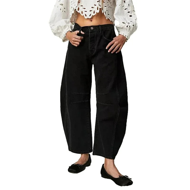 High Stretch Mid-Rise Jeans Fashion Wide Leg Shape Women Casual Baggy Mid Waist Denim Jeans