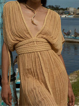 Deep V Neck Short Sleeve High Split Crochet Knitted Tunic Beach Cover Up Cover-ups Beach Dress Beach Wear Beachwear Female K5646