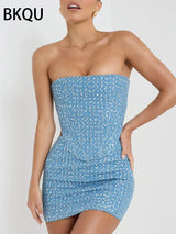 BKQU Sequins Denim Two Piece Pants Set Women Sexy Strapless Zipper Corset Tank Tops and Wide Leg Jeans Luxury Party Club Outfits
