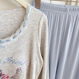 Modal Pajama Sets Sweet Cat Loose Long Sleeve Round Collar Bow Short T Shirt Women's Spring and Autumn Soft Sleepwear