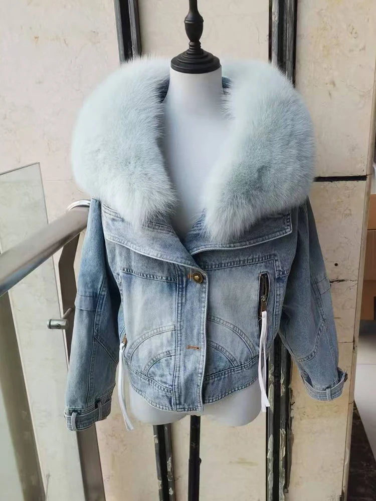 Womens Coats Spring 2025New 100%Natural Real Fox Fur Collar Fashion Short Denim Jacket Luxury Goose Down Puffer Jackets Clothing