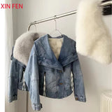 Womens Coats Spring 2025New 100%Natural Real Fox Fur Collar Fashion Short Denim Jacket Luxury Goose Down Puffer Jackets Clothing