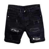 Summer Men Ripped Patchwork Denim Shorts Straight Button Zipper Pockets Shorts Knee-Length Denim Short Pants