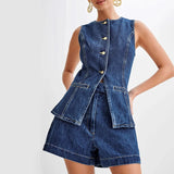 Women's Denim Tank Tops Casual Business Sleeveless Jean Blazer Vest Tops Button Front Back Slit Pocket Waistcoat Y2K Clothes