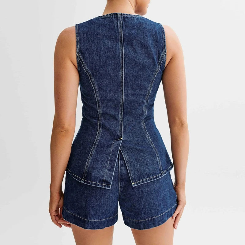 Women's Denim Tank Tops Casual Business Sleeveless Jean Blazer Vest Tops Button Front Back Slit Pocket Waistcoat Y2K Clothes