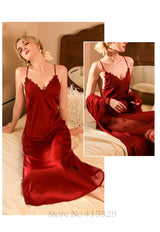 Wedding Bride Robe Set Women Sexy Lace Patchwork Nightgown Long Kimono Bath Gown Loose Suspender Nightdress Intimate Lingerie