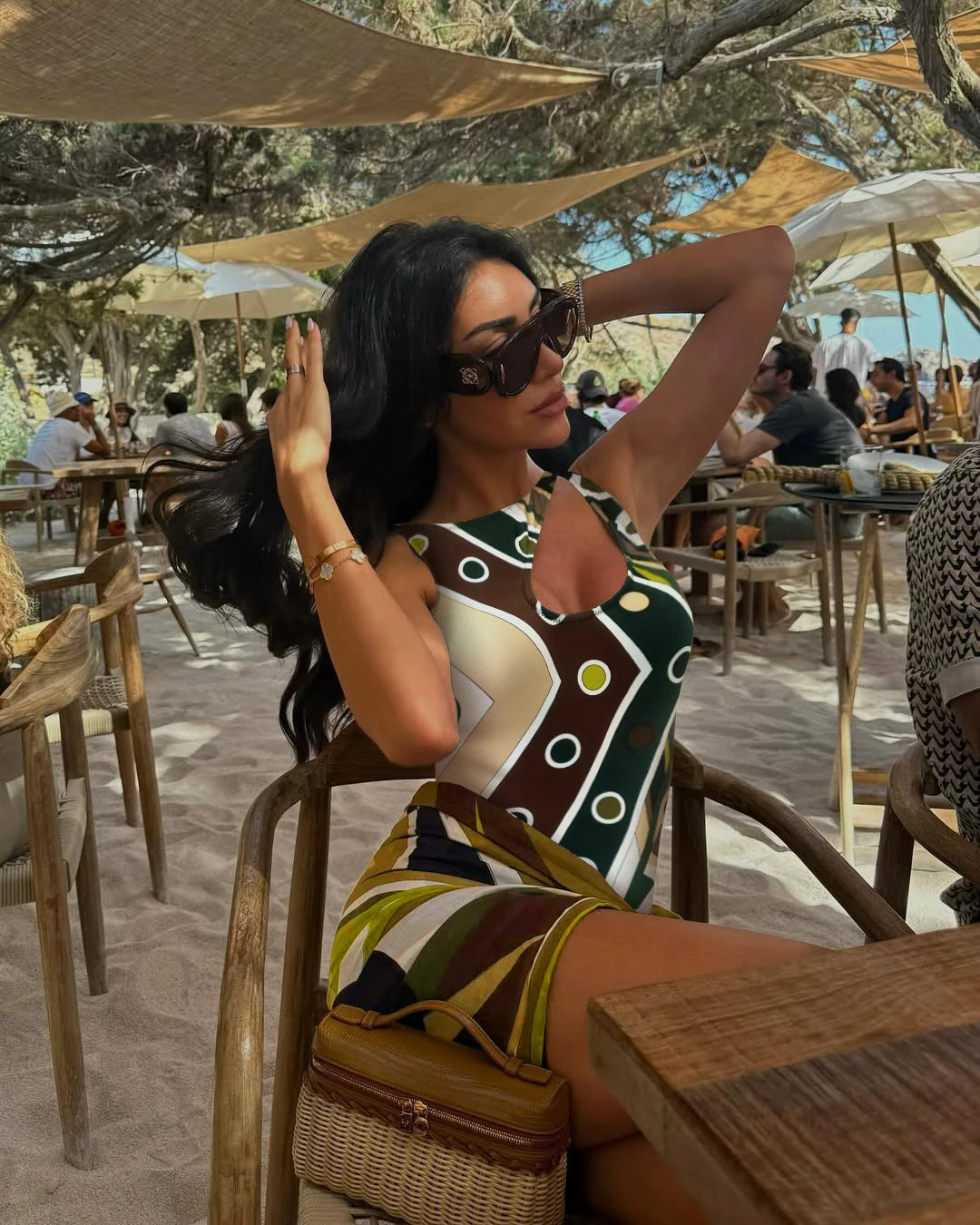 2025 New Luxury Design Women's Hollow Out One-piece Swimsuits And Skirt Geometry Print Sexy Bikini Fashion Beach Bathing Suit