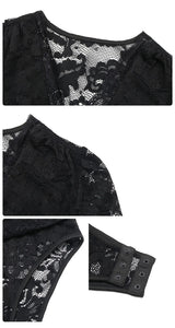 Womens Lace Essential Bodysuit Jumpsuit Deep V Neck Long Sleeve Slim Fit Stretch T-shirt Sheer Skinny Romper Nightwear Clubwear