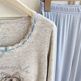 Modal Pajama Sets Sweet Cat Loose Long Sleeve Round Collar Bow Short T Shirt Women's Spring and Autumn Soft Sleepwear