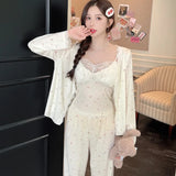 Women Pajama Sets Soft Modal Pijamas Mujer Sleepwear Lady Spring Summer New Nightwear Femme 3 Pieces Sets Lace Trim Homewear