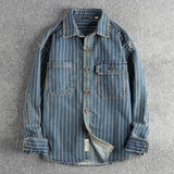Spring New American Retro Heavyweight Denim Cargo Striped Shirt Men's Fashion 100% Cotton Washed Old Casual Blouses Thin Jacket
