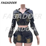 FAGADOER Y2k Retro Denim Two Piece Set Hot Girl Cargo Pockets Patchwork Zip Jacket and Stretchy Mini Skirts Suits Streetwear New