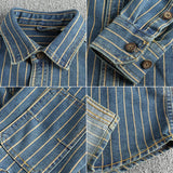 Spring New American Retro Heavyweight Denim Cargo Striped Shirt Men's Fashion 100% Cotton Washed Old Casual Blouses Thin Jacket