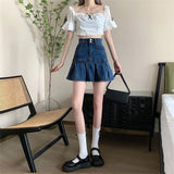 Lucyever Korean Style Pleated Denim Skirt Ladies Fashion High Waist A-Line Mini Skirts Women 2025 Summer New Jean Short Skirts