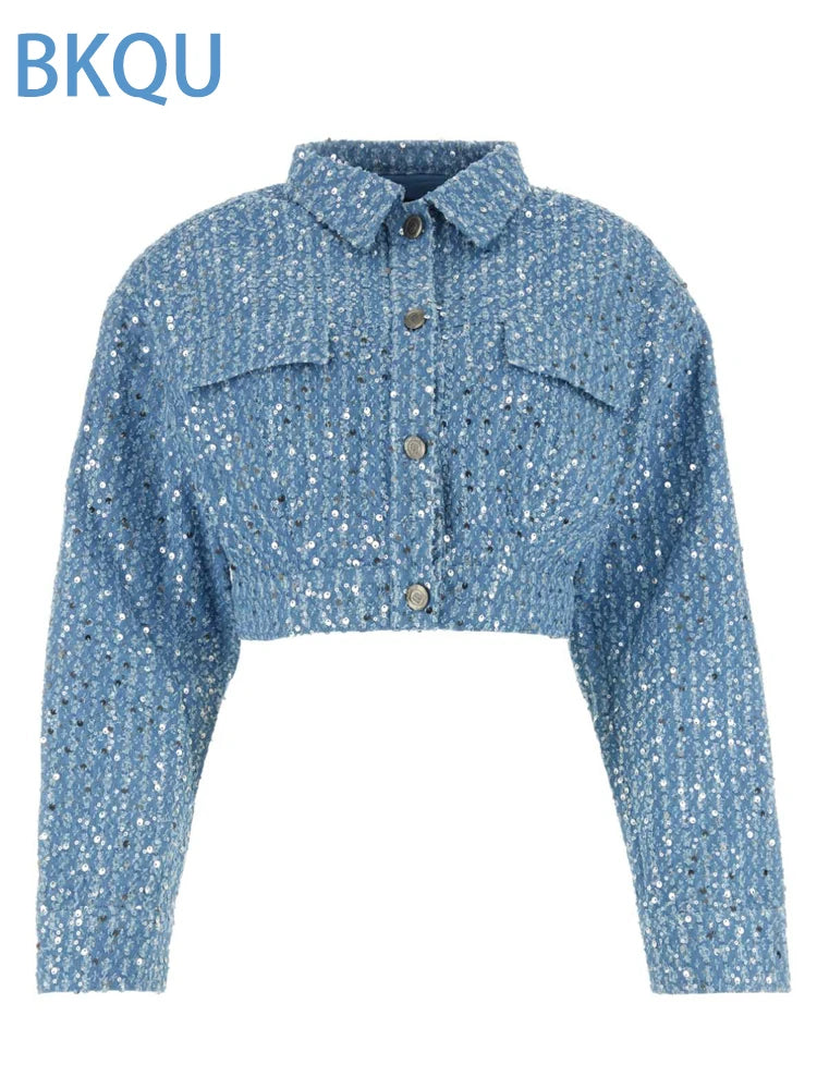 BKQU Sequins Denim Two Piece Pants Set Women Sexy Strapless Zipper Corset Tank Tops and Wide Leg Jeans Luxury Party Club Outfits