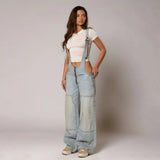 Jumpsuits Women Jeans Overalls Sexy Backless Vintage Full Length Denim Straight Pants Loose Pockets Distressed Washed Casual