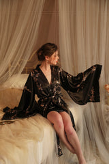 Bronzing Floral Kimono Robe Chinese Style Dress Big Sleeve Nightgown Lady Satin Homewear Bride Wedding Bathrobe Gown Loungewear