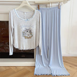 Modal Pajama Sets Sweet Cat Loose Long Sleeve Round Collar Bow Short T Shirt Women's Spring and Autumn Soft Sleepwear