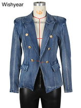 Fashion Notched Collar Long Sleeve Double Breasted Denim Coats for Women Slim Jeans Jacket Casual Streetwear Female Blazer Tops