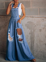 Summer Overalls For Women Blue Denim One-Piece Jumpsuits Loose Wide-Leg With Pocket High-Waist Jumpsuits