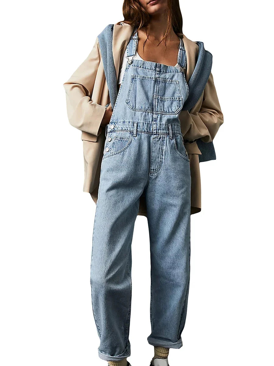 Denim Jumpsuit y2k Women Solid Color Sleeveless High Waist Romper Pants Jeans Bib Overalls with Pockets Streetwear