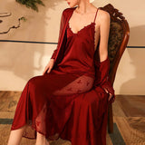 Wedding Bride Robe Set Women Sexy Lace Patchwork Nightgown Long Kimono Bath Gown Loose Suspender Nightdress Intimate Lingerie