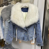 Womens Coats Spring 2025New 100%Natural Real Fox Fur Collar Fashion Short Denim Jacket Luxury Goose Down Puffer Jackets Clothing