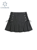 Y2k Pleated Skirt Women Sexy High Waist Grey Stripe Bandage Mini Skirts 2022 Summer New A Line Skirt Vintage Harajuku Streetwar