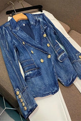 New Arrival Jeans Coat Double-breasted Long Sleeve Jacket Women Fashion Streetwear Denim Blazer
