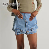 TWOTWINSTYLE Patchwork Pocket Irregular Chic Denim Shorts For Women High Waist Spliced Zipper Designer Short Pants Female New