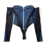 Fashion Women Zipper Denim Bodysuits Hollow Out Long Sleeve Skinny Bodysuit Rompers Blue Denim Short Jumpsuits Overalls Outfits