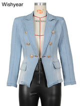 Fashion Notched Collar Long Sleeve Double Breasted Denim Coats for Women Slim Jeans Jacket Casual Streetwear Female Blazer Tops