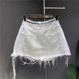 2024 New Korean White Raw Irregular Denim Skirt Women's Anti-Walk Naked Hole Pocket Exposed Short Skirt