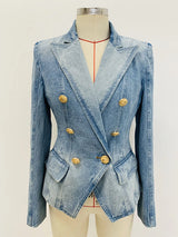 HIGH STREET Newest 2024 Designer Jacket Women's Slim Fitting Double Breasted Lion Buttons Denim Blazer