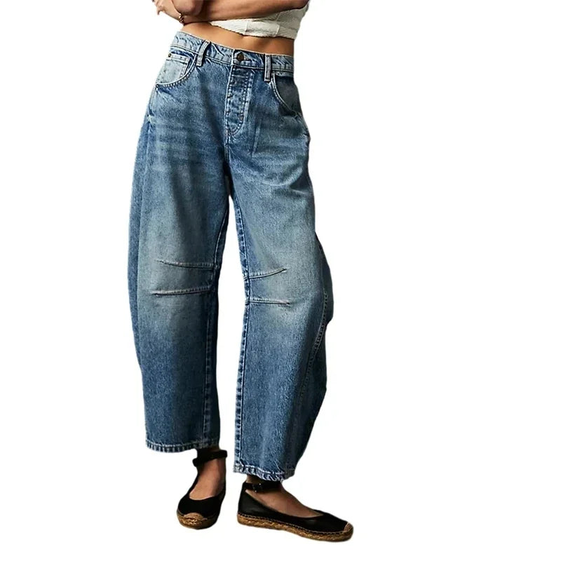High Stretch Mid-Rise Jeans Fashion Wide Leg Shape Women Casual Baggy Mid Waist Denim Jeans