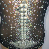 Sexy V Neck Perspective Mesh Elastic Crystals Bodysuit Women Dancer Stage Performance Costume Luxurious Gemstones Pearls Tights
