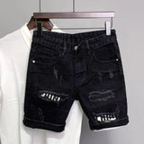 Summer Men Ripped Patchwork Denim Shorts Straight Button Zipper Pockets Shorts Knee-Length Denim Short Pants