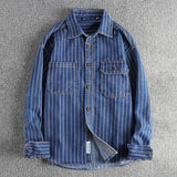 Spring New American Retro Heavyweight Denim Cargo Striped Shirt Men's Fashion 100% Cotton Washed Old Casual Blouses Thin Jacket