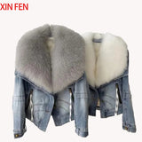 Womens Coats Spring 2025New 100%Natural Real Fox Fur Collar Fashion Short Denim Jacket Luxury Goose Down Puffer Jackets Clothing