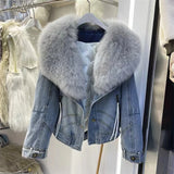 Womens Coats Spring 2025New 100%Natural Real Fox Fur Collar Fashion Short Denim Jacket Luxury Goose Down Puffer Jackets Clothing