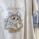 Modal Pajama Sets Sweet Cat Loose Long Sleeve Round Collar Bow Short T Shirt Women's Spring and Autumn Soft Sleepwear