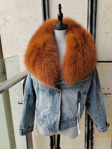 Womens Coats Spring 2025New 100%Natural Real Fox Fur Collar Fashion Short Denim Jacket Luxury Goose Down Puffer Jackets Clothing