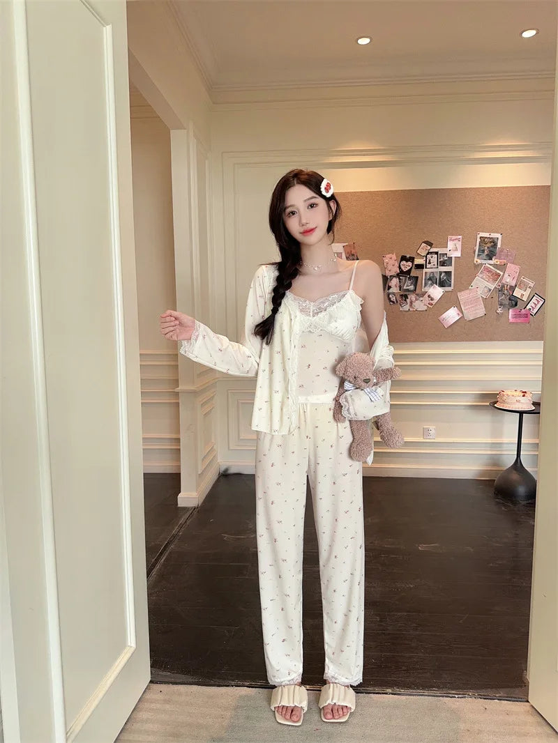 Women Pajama Sets Soft Modal Pijamas Mujer Sleepwear Lady Spring Summer New Nightwear Femme 3 Pieces Sets Lace Trim Homewear