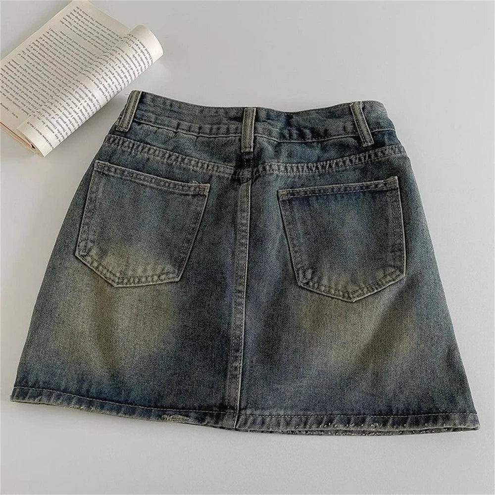 2024 Spring New Women High Belt Anti-exposure Short dress Retro Dark Fashion Solid color Short A Word Denim Skirt