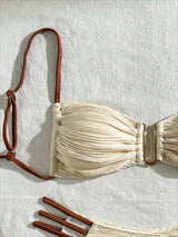 Beige Solid Color Bikini Set Women's Sexy U-neck Suspender Backless Bathing Suit High Waist Bandage Beach Vacation Swimwear 2024