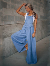 Summer Overalls For Women Blue Denim One-Piece Jumpsuits Loose Wide-Leg With Pocket High-Waist Jumpsuits