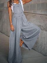 Summer Overalls For Women Blue Denim One-Piece Jumpsuits Loose Wide-Leg With Pocket High-Waist Jumpsuits