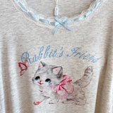 Modal Pajama Sets Sweet Cat Loose Long Sleeve Round Collar Bow Short T Shirt Women's Spring and Autumn Soft Sleepwear